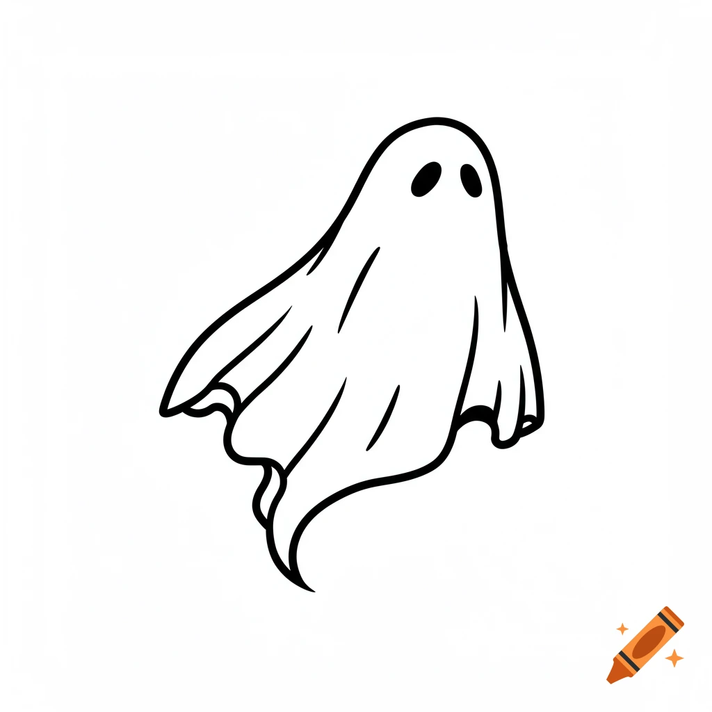 A black and white line art illustration of a floating ghost with two dark oval eyes.