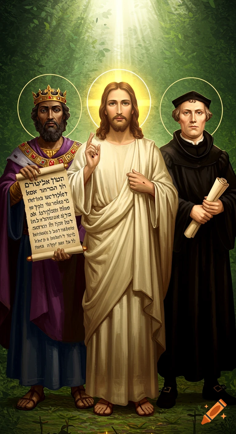 An illustration of King Josiah, Jesus, and Martin Luther standing together in lush greenery, with light shining down.