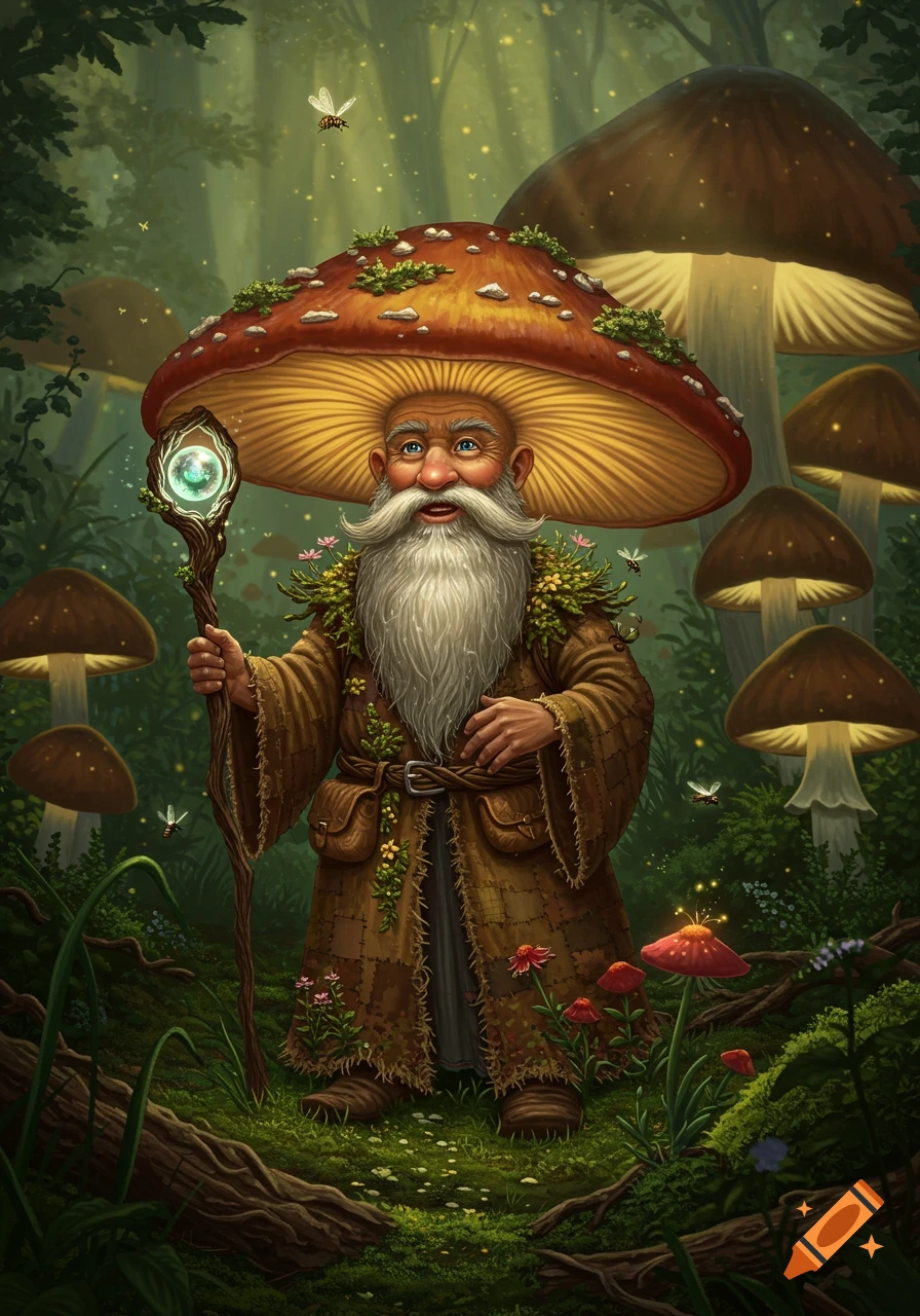 An old gnome mushroom wizard with a long white beard holds a glowing staff in a magical forest filled with giant mushrooms.