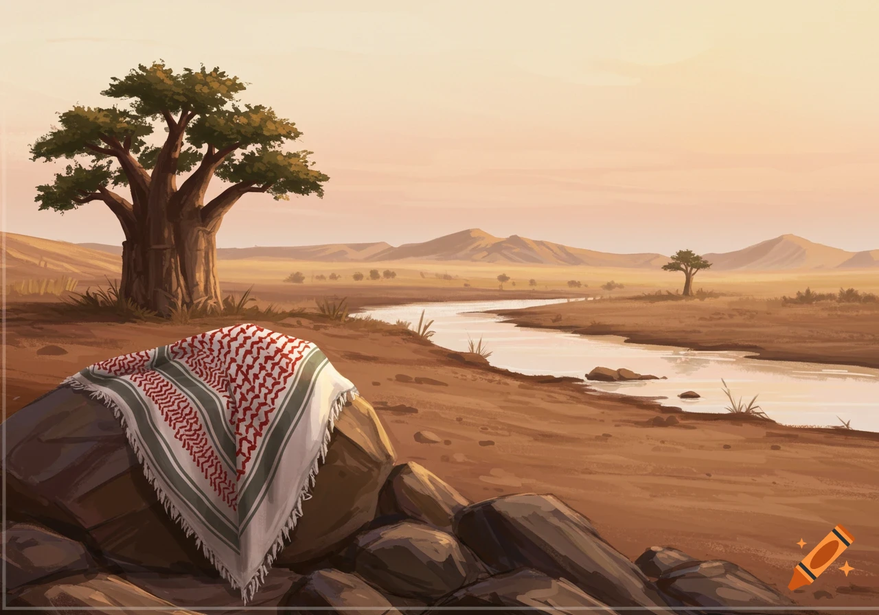 Illustrated desert landscape with a winding river, a large tree, mountains, and a red and white keffiyeh on a rock.