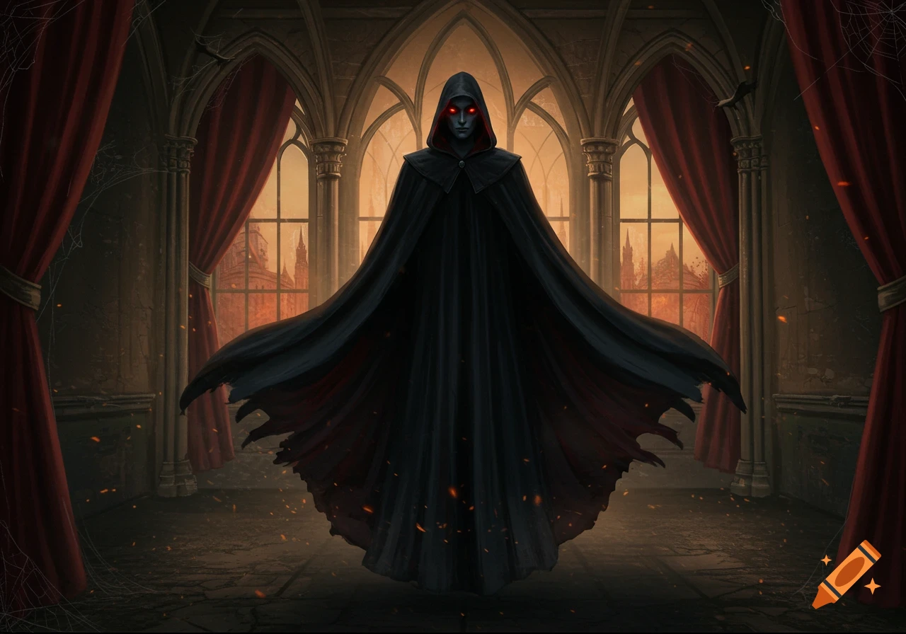 A black cloaked figure with glowing red eyes stands in a gothic room ...