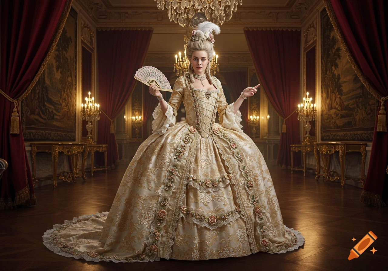 Elegant 1700s lady in an elaborate gold gown and powdered wig, holding a fan in an ornate palace ballroom.
