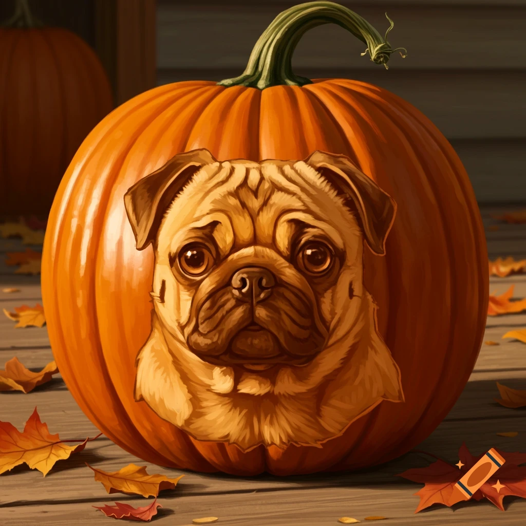 A close-up of a pumpkin with a detailed carving of a pug's face, surrounded by autumn leaves on a wooden surface.