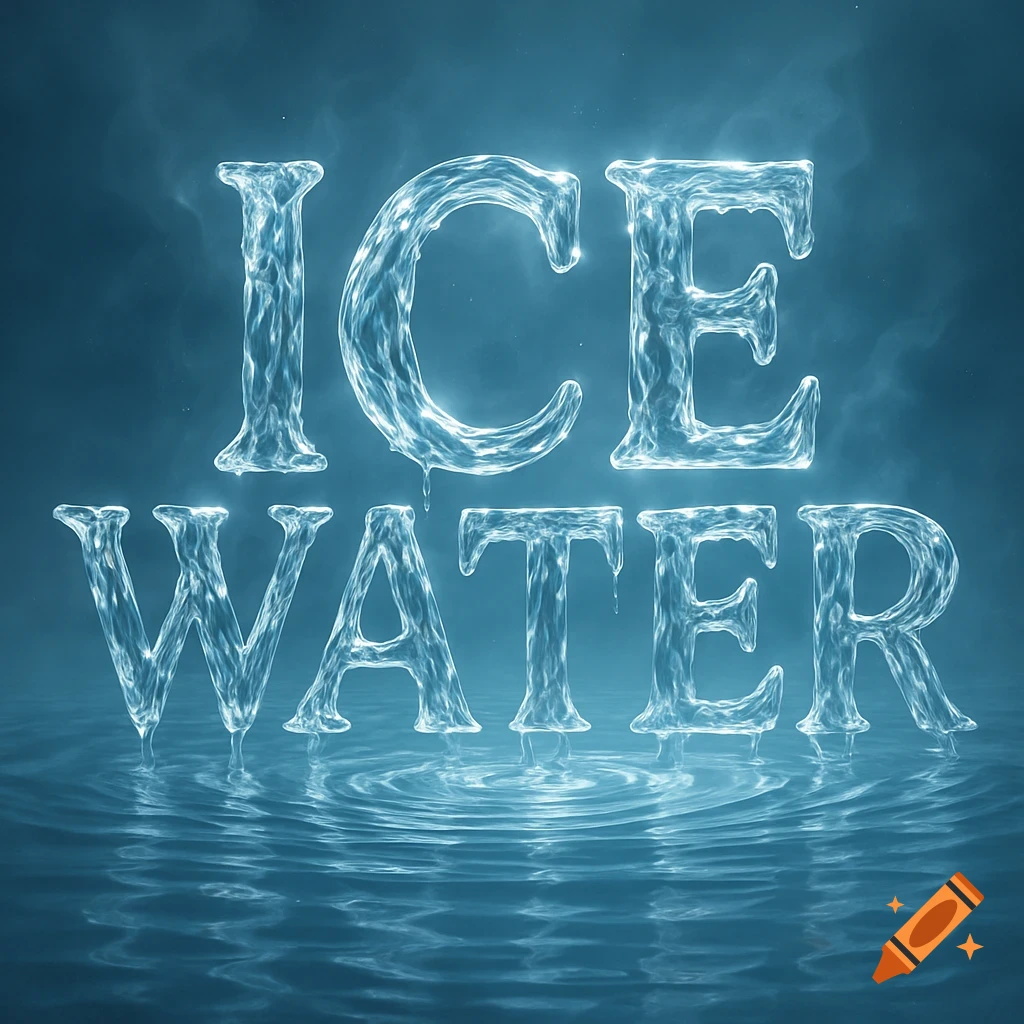 The words 'ICE WATER' rendered in icy, melting letters submerged in rippling water against a misty blue background.