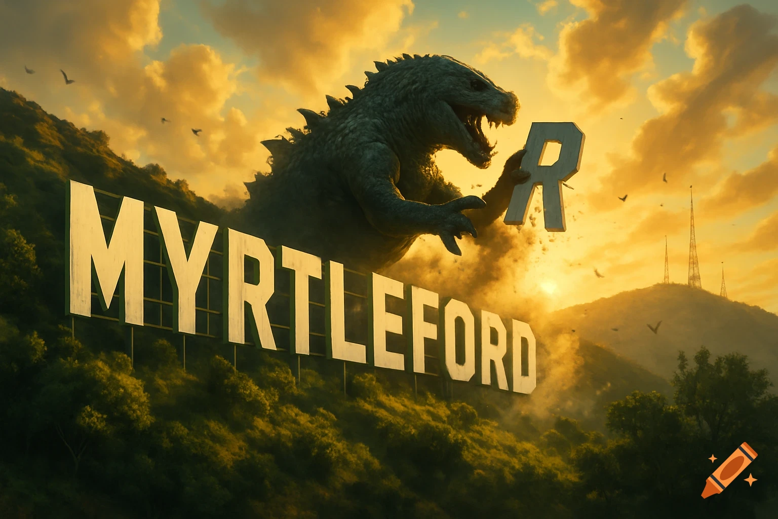 A giant Godzilla-like monster breaks the 'MYRTLEFORD' sign on a Hollywood-style hillside at sunset, cinematic style.