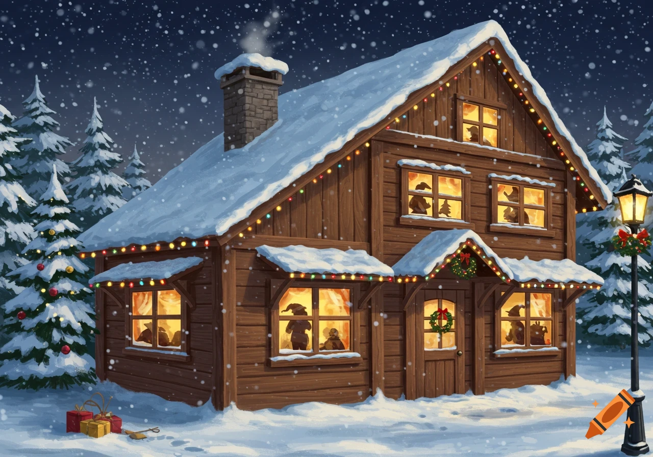 A cozy wooden cabin covered in snow and Christmas lights at night, with festive silhouettes visible in the windows and falling snow.