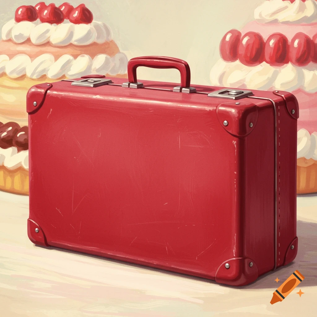 A red vintage suitcase stands in front of colorful, frosted cupcakes in a vibrant, painterly style.