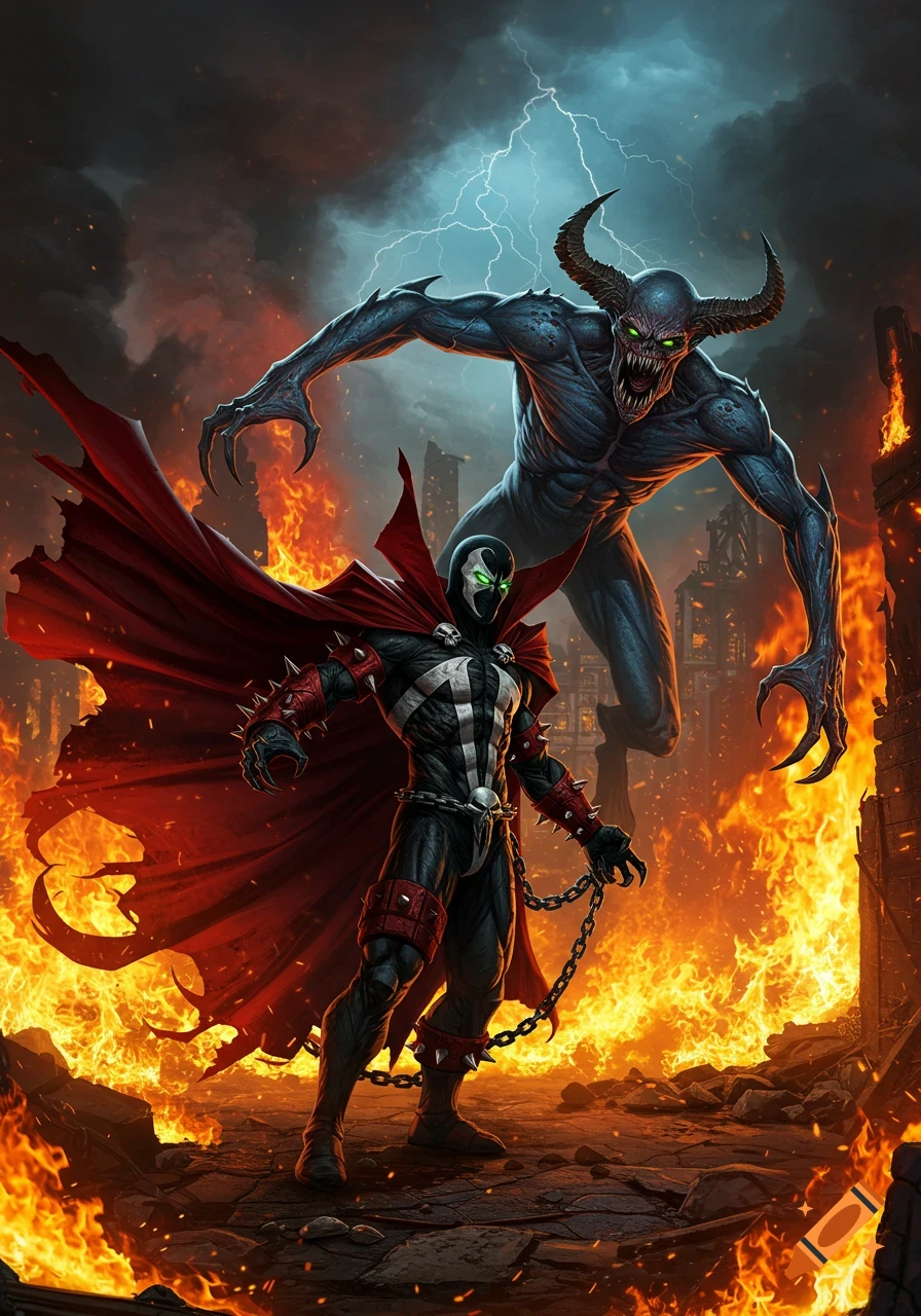 Spawn battles a horned blue demon in a fiery, lightning-struck wasteland, depicted in a dramatic comic book art style.