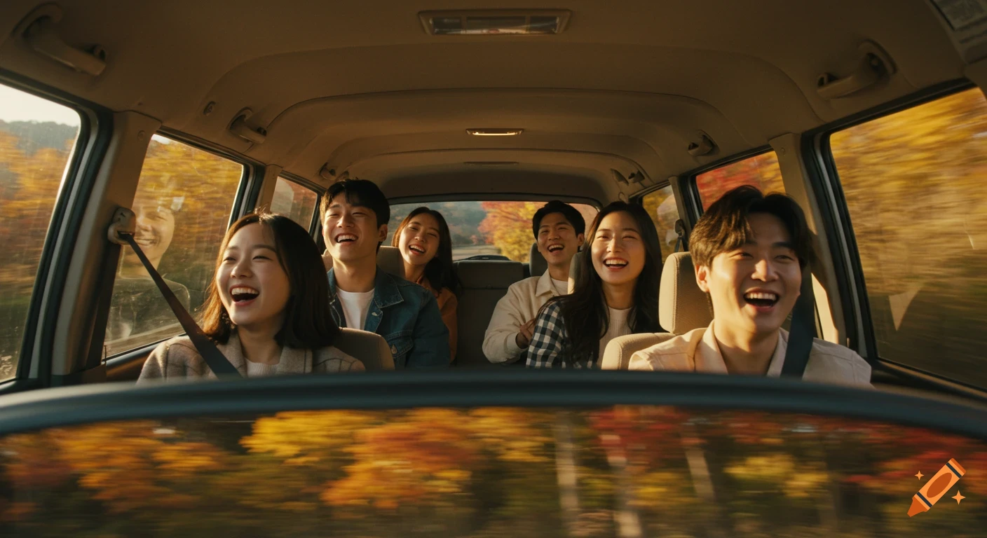 Six friends laughing in a car during an autumn road trip, with blurred fall foliage outside the windows.