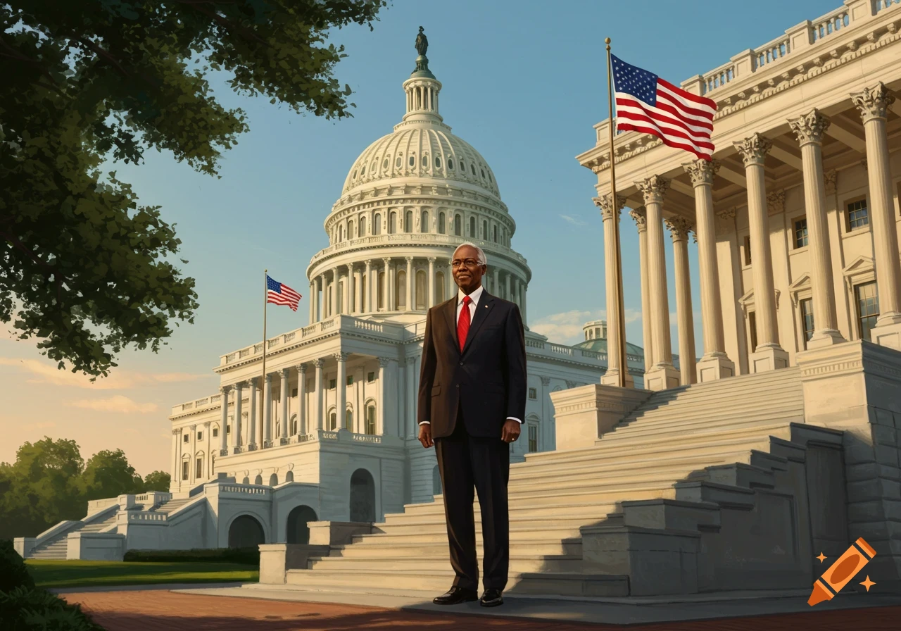 A man in a dark suit and red tie stands in front of the U.S. Capitol Building, rendered in a realistic digital painting style.