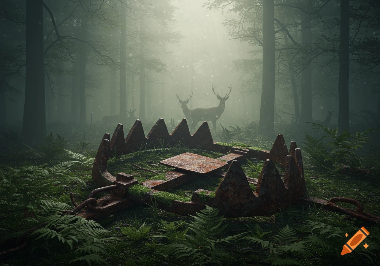 A rusty beartrap covered in moss and ferns lies in a misty forest, with deer silhouettes in the foggy background.