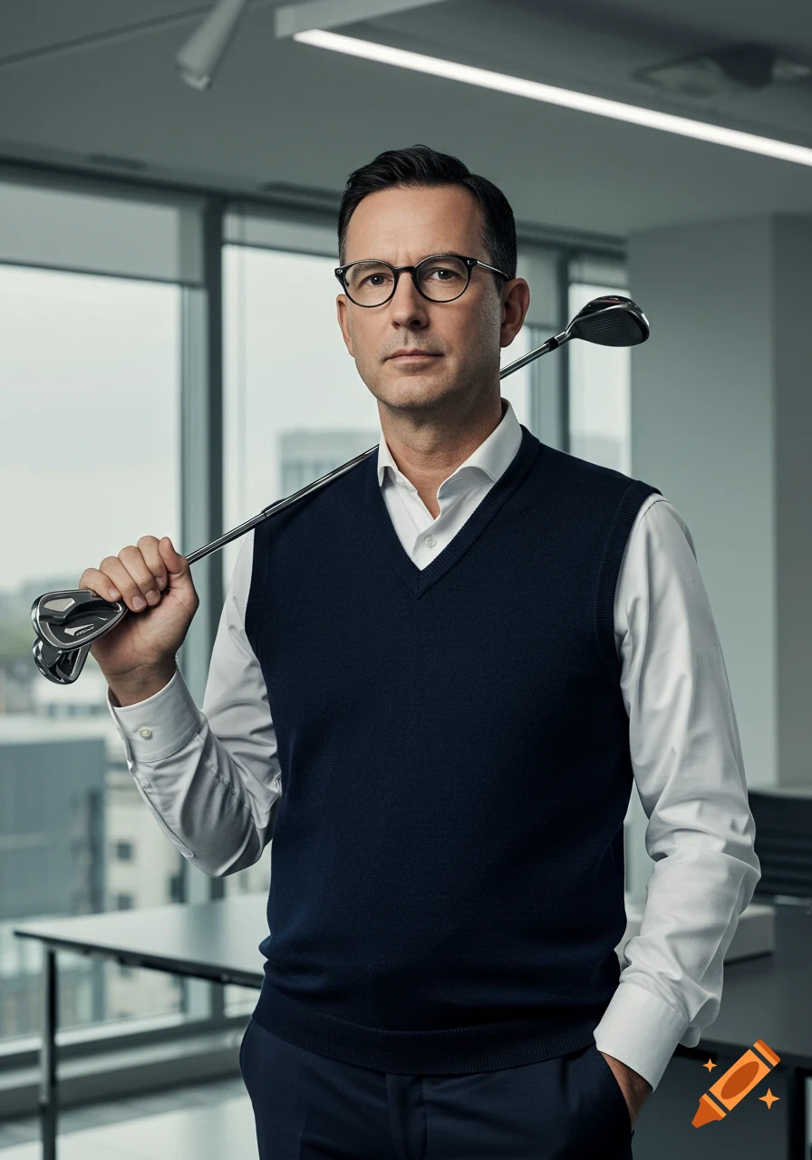 A middle-aged man in a navy sweater vest and white shirt holds golf clubs over his shoulder in an office.