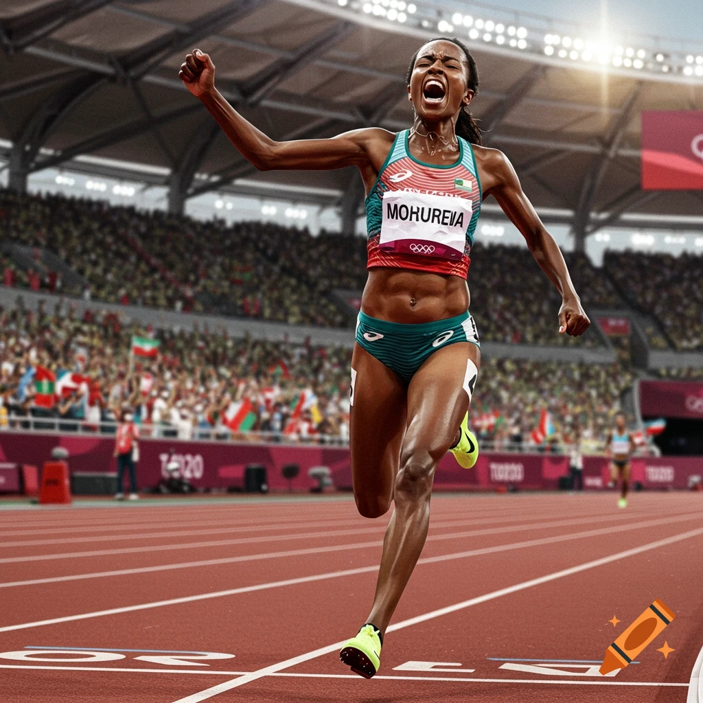 Photorealistic image of a female runner in a stadium, raising her fist in triumph after winning a race.
