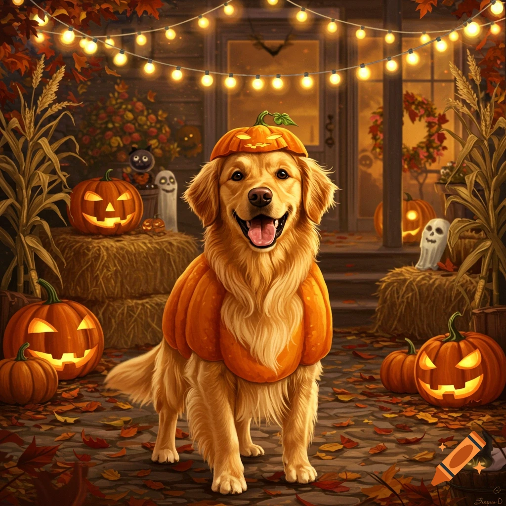 Golden retriever in a pumpkin costume smiling amidst Halloween ...