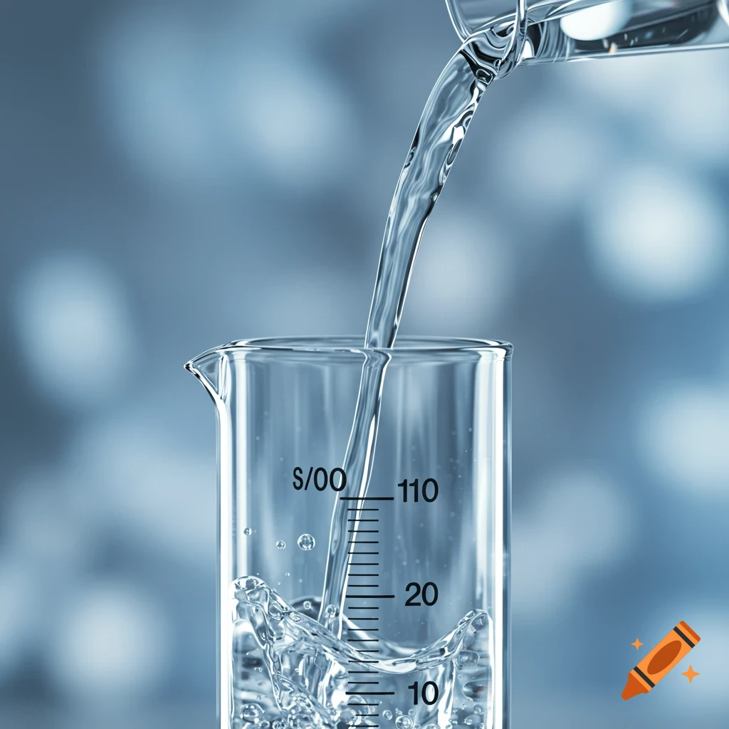 Clear water pours from a beaker into a glass graduated cylinder, creating splashes inside.