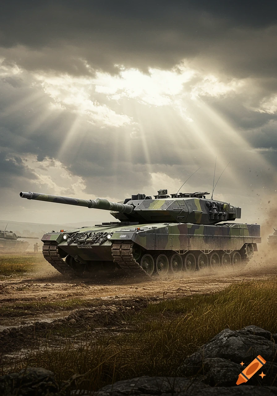 A powerful Leopard 2 tank with camouflage drives through a muddy field under a dramatic cloudy sky with sun rays.
