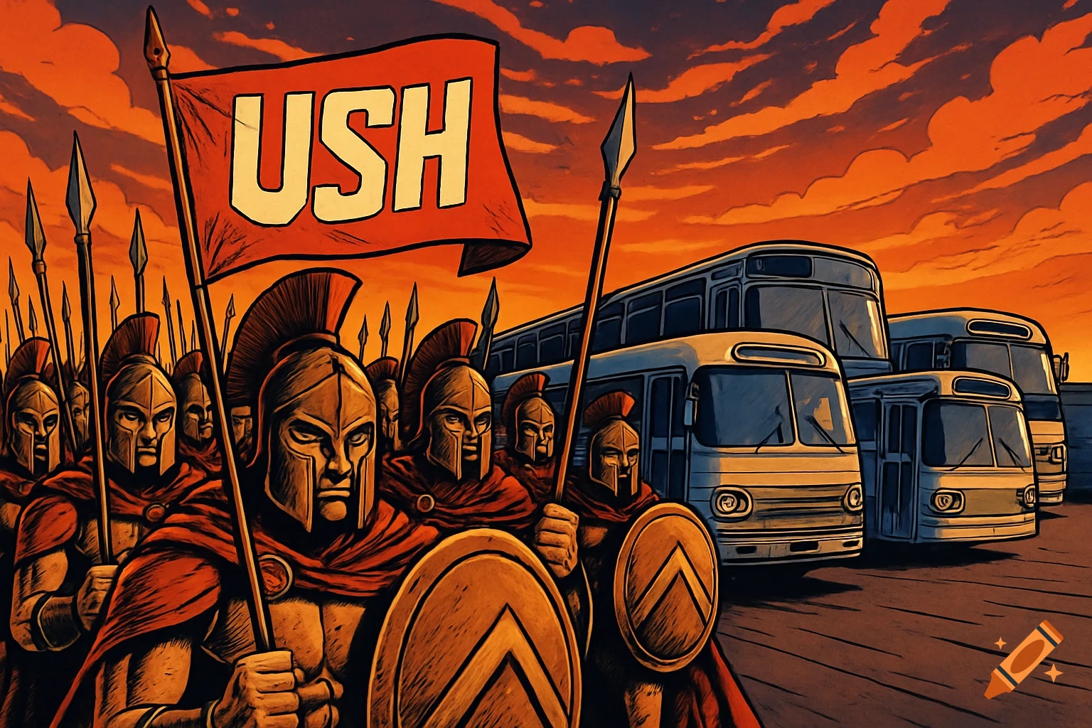 Comic art of Spartan warriors with spears and an 'USH' flag, with buses in the background against an orange sunset sky.
