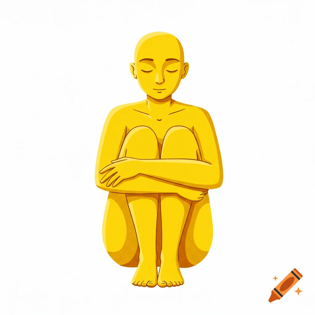 A minimalist digital illustration of a stylized, bald, yellow, gender-neutral figure kneeling and hugging its knees with closed eyes on a white background.