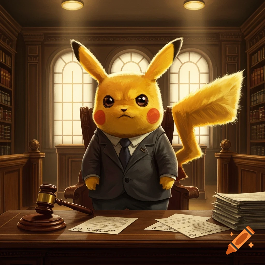 An angry Pikachu wearing a suit sits behind a judge's bench in a courtroom, with a gavel and papers on the wooden desk.