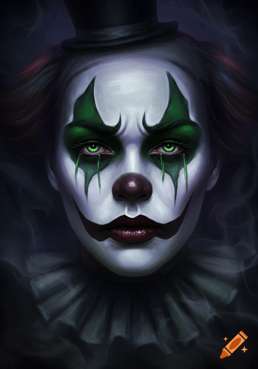 Close-up of a creepy clown with green eye makeup, a dark red nose, and a top hat, digital art.