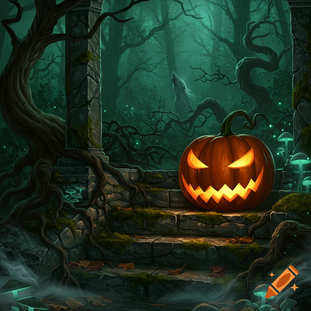 A glowing jack-o'-lantern sits on mossy stone steps in a dark, mysterious forest with eerie trees, glowing mushrooms, and mist.