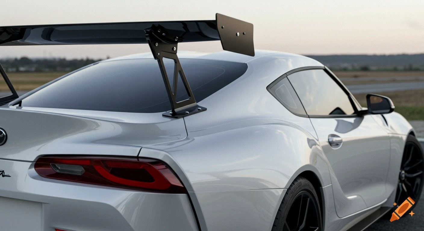 Rear three-quarter view of a white Toyota GR Supra with a large black GTD-style spoiler parked outdoors.
