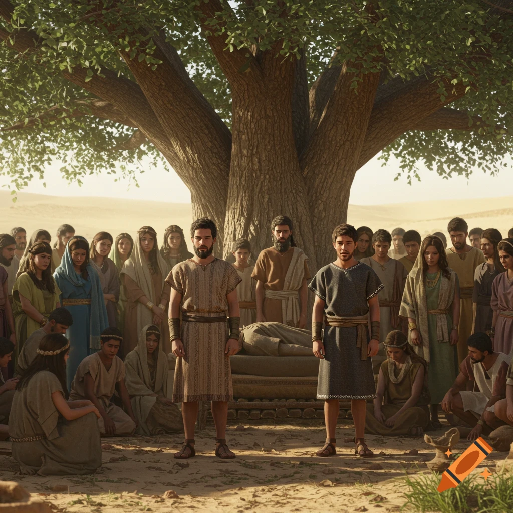 A solemn gathering of people in ancient Mesopotamian dress mourning a deceased clan head beneath a huge terebint tree in a desert landscape.