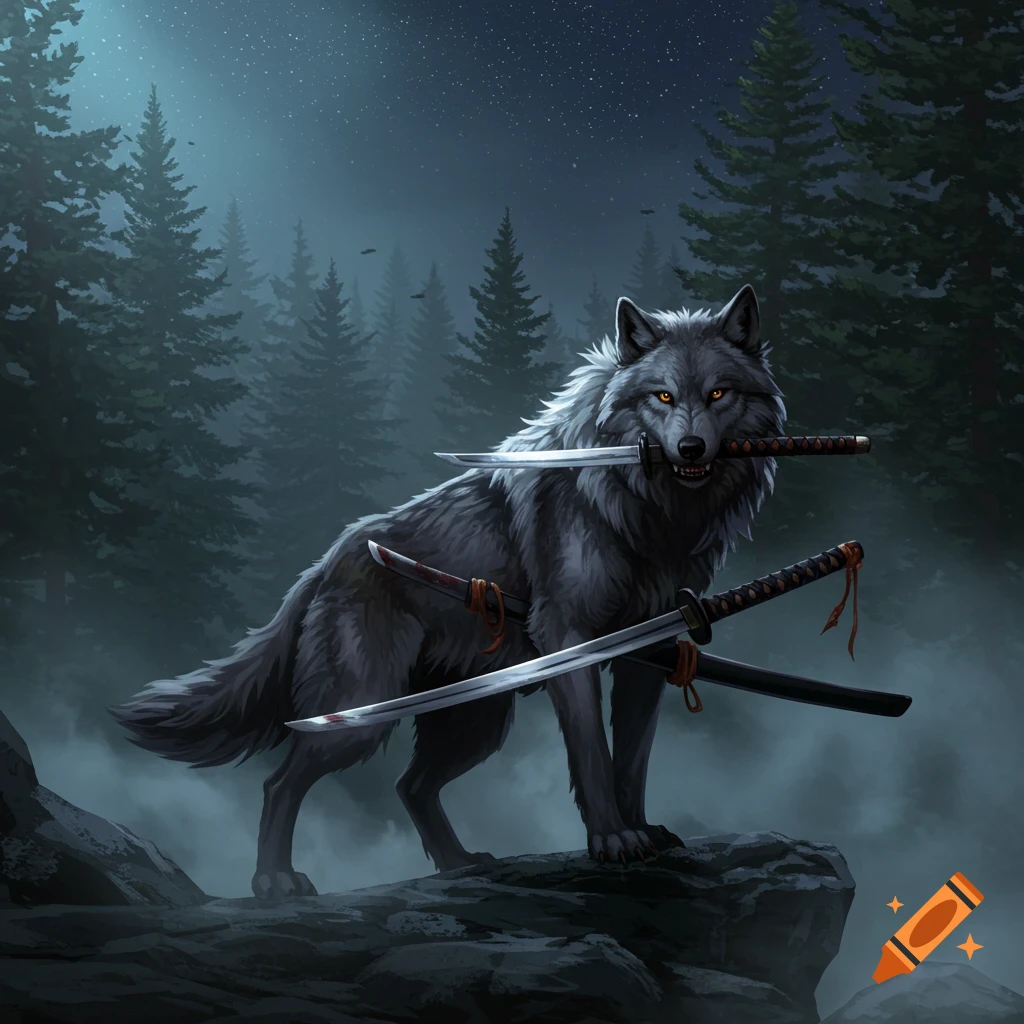 A majestic gray wolf with glowing eyes stands in a misty forest, carrying three katanas, one in its mouth and two on its back, digital art.