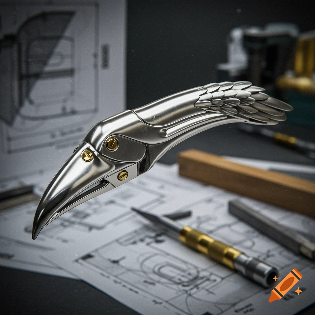 A shiny metallic beak-shaped tool with gold accents rests on engineering blueprints, with other tools in the background.