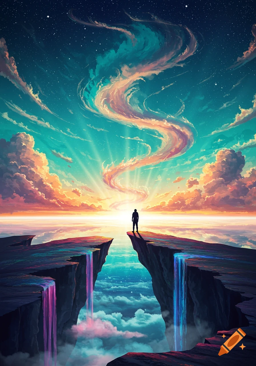 A lone figure stands on a cliff edge overlooking a vibrant, surreal ...