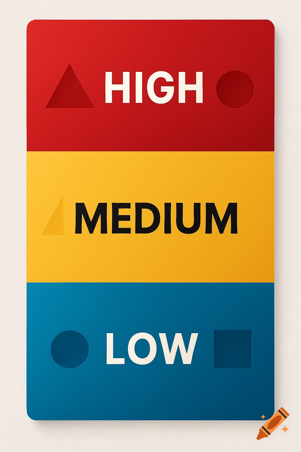 A minimalist chart divided into three horizontal sections: red labeled HIGH, yellow labeled MEDIUM, and blue labeled LOW, with geometric cutouts.