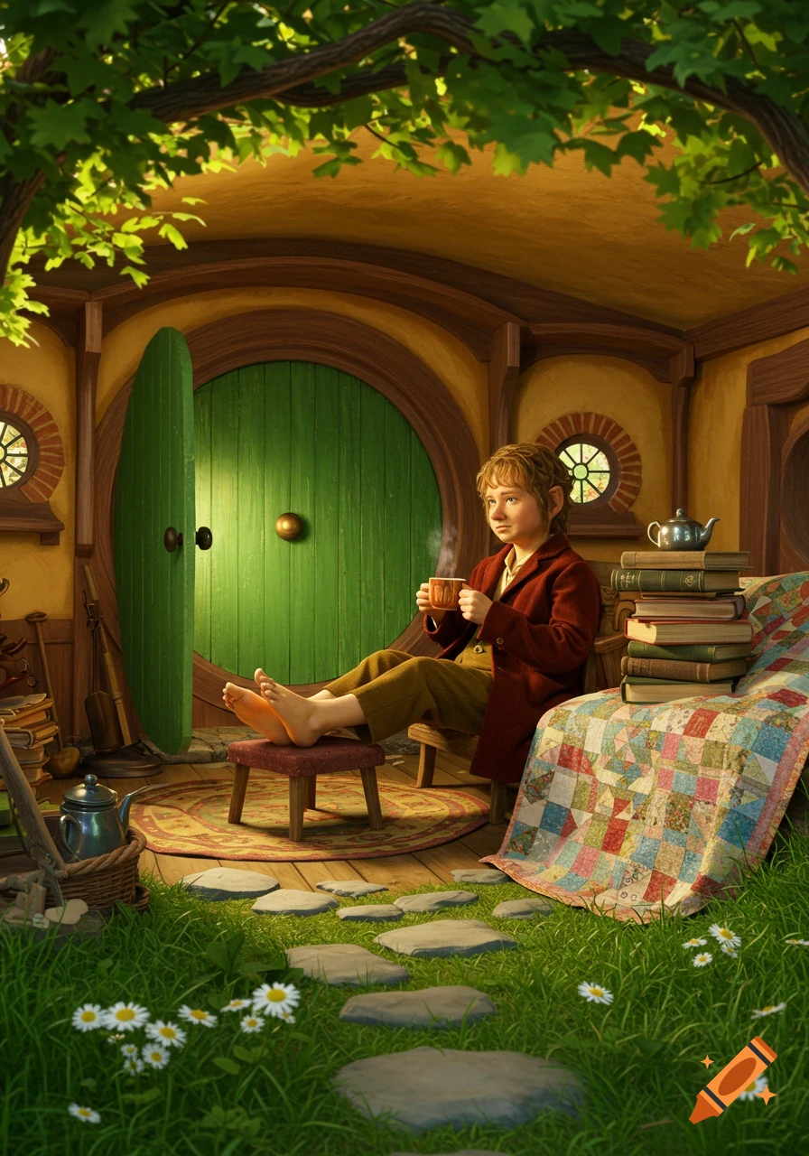 A character resembling Bilbo Baggins relaxes barefoot in his cozy hobbit-hole, holding a steaming mug near a pile of books and a quilt.