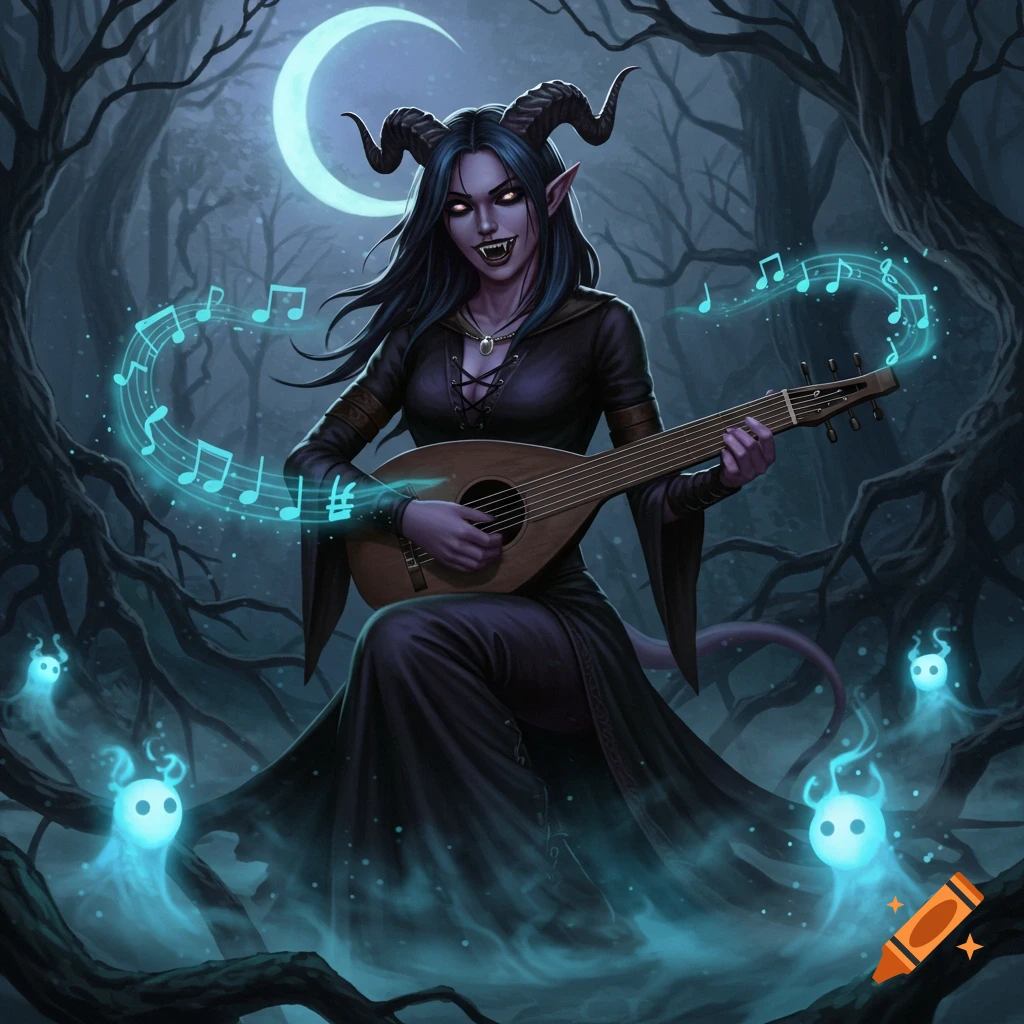A horned female tiefling with fangs plays a lute in a spooky moonlit forest, surrounded by glowing musical notes and spirits.