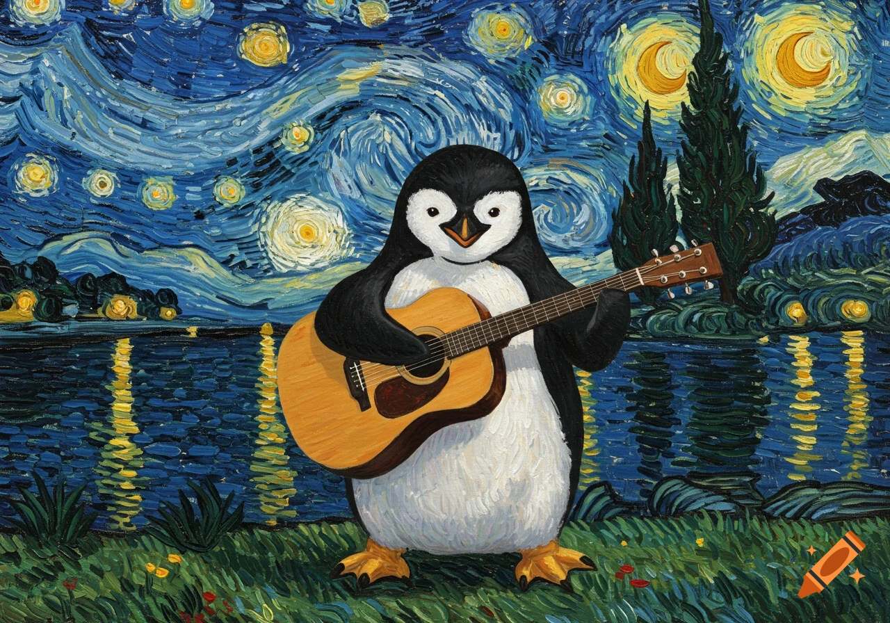 A cute penguin plays an acoustic guitar in a vibrant Van Gogh-style painting of a starry night with cypress trees.