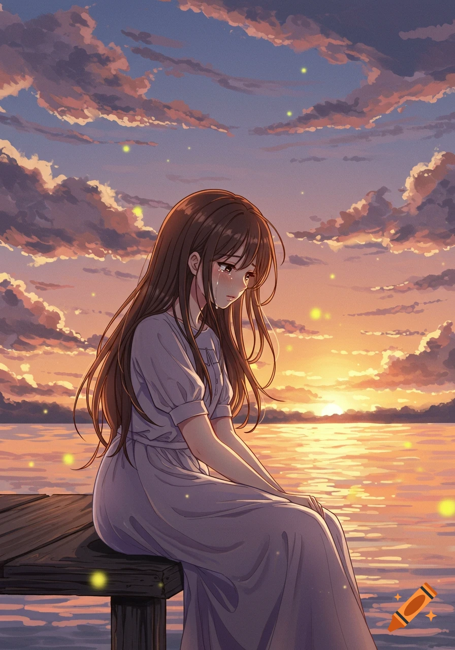 Anime girl with long brown hair, crying while sitting on a wooden dock at sunset.