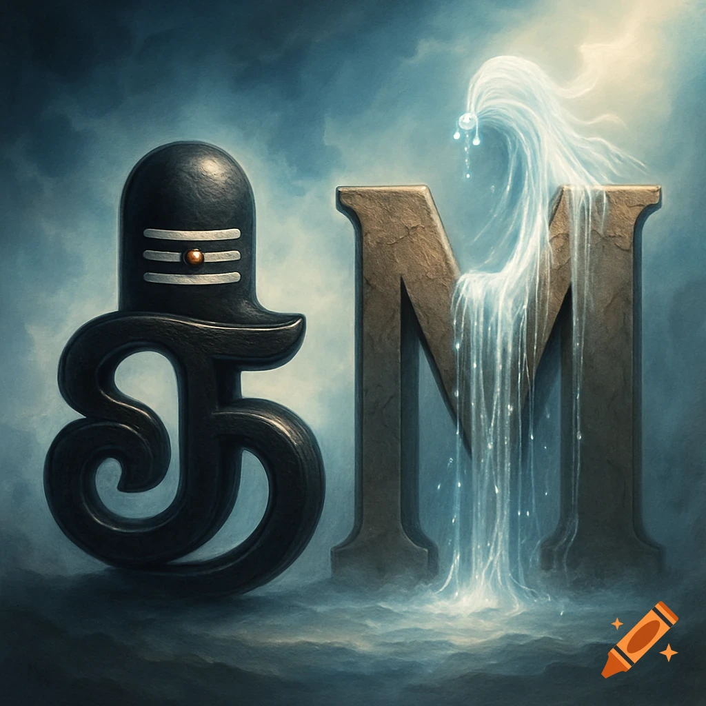 Stylized black Tamil letter 'si' resembling a Shiva Lingam next to a textured 'M' from which water flows, against a cloudy blue sky.