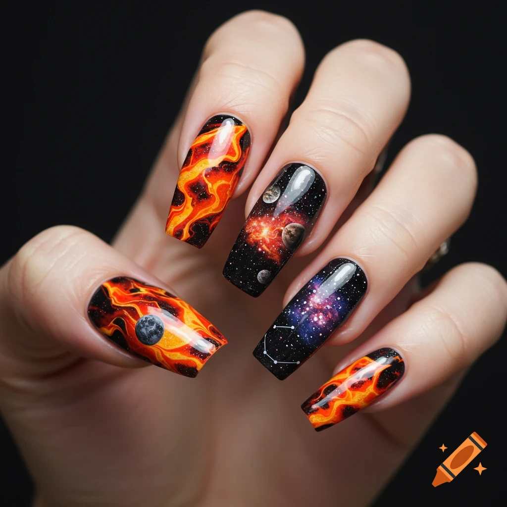 A hand with long nails painted with vibrant lava patterns and cosmic space scenes including planets, stars, and a constellation.