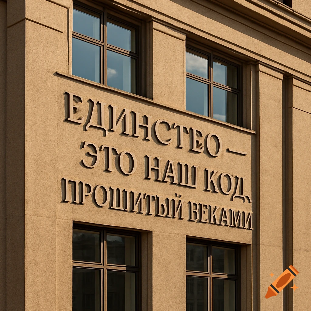 A close-up, low-angle shot of a tan building facade with the Russian text "Unity is our code, stitched through centuries" carved above two windows.
