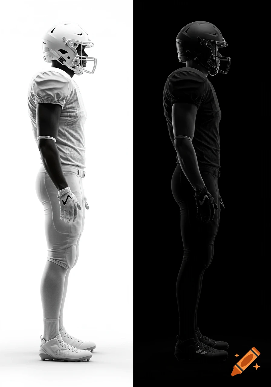 Side view of two realistic American football players: one in white on white, one in black on black.