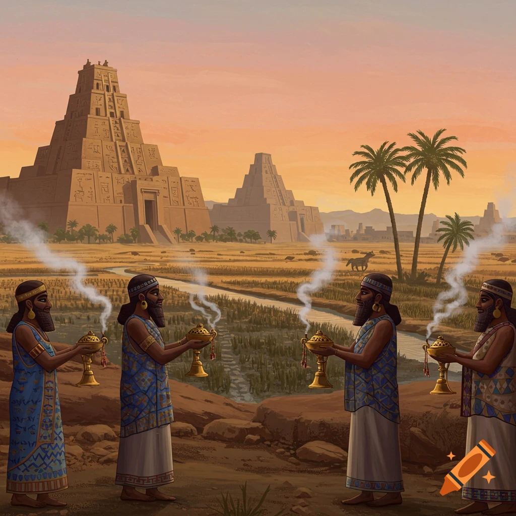 Four ancient Sumerian-style men hold smoking golden censers in a dry landscape with large ziggurat temples and palm trees at sunset.