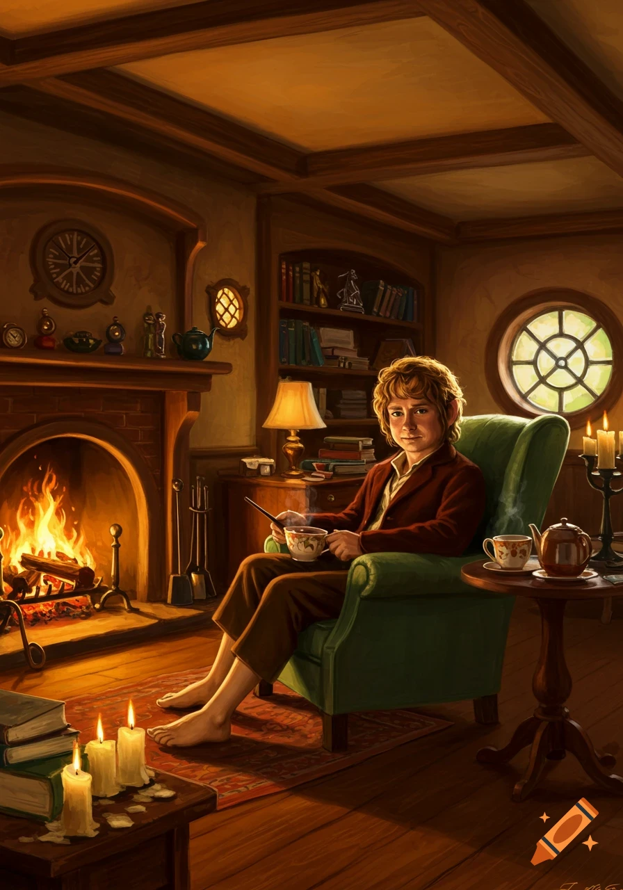 A hobbit sits barefoot in a green armchair by a fireplace in a cozy, wood-paneled room, holding a teacup, digital painting.