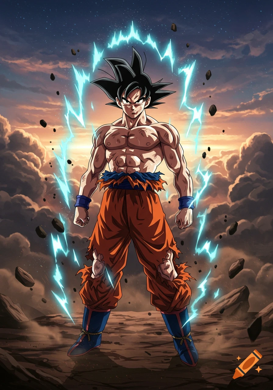 Muscular anime character Goku with spiky black hair, shirtless, powering up with a blue aura and floating rocks, under a dramatic sky.