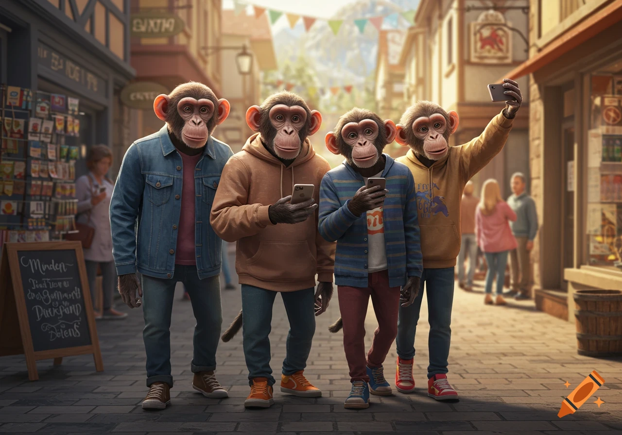 Four chimpanzees in human clothes walk down a cobbled street in a European-style town, looking at or taking selfies with smartphones. The scene is photorealistic.