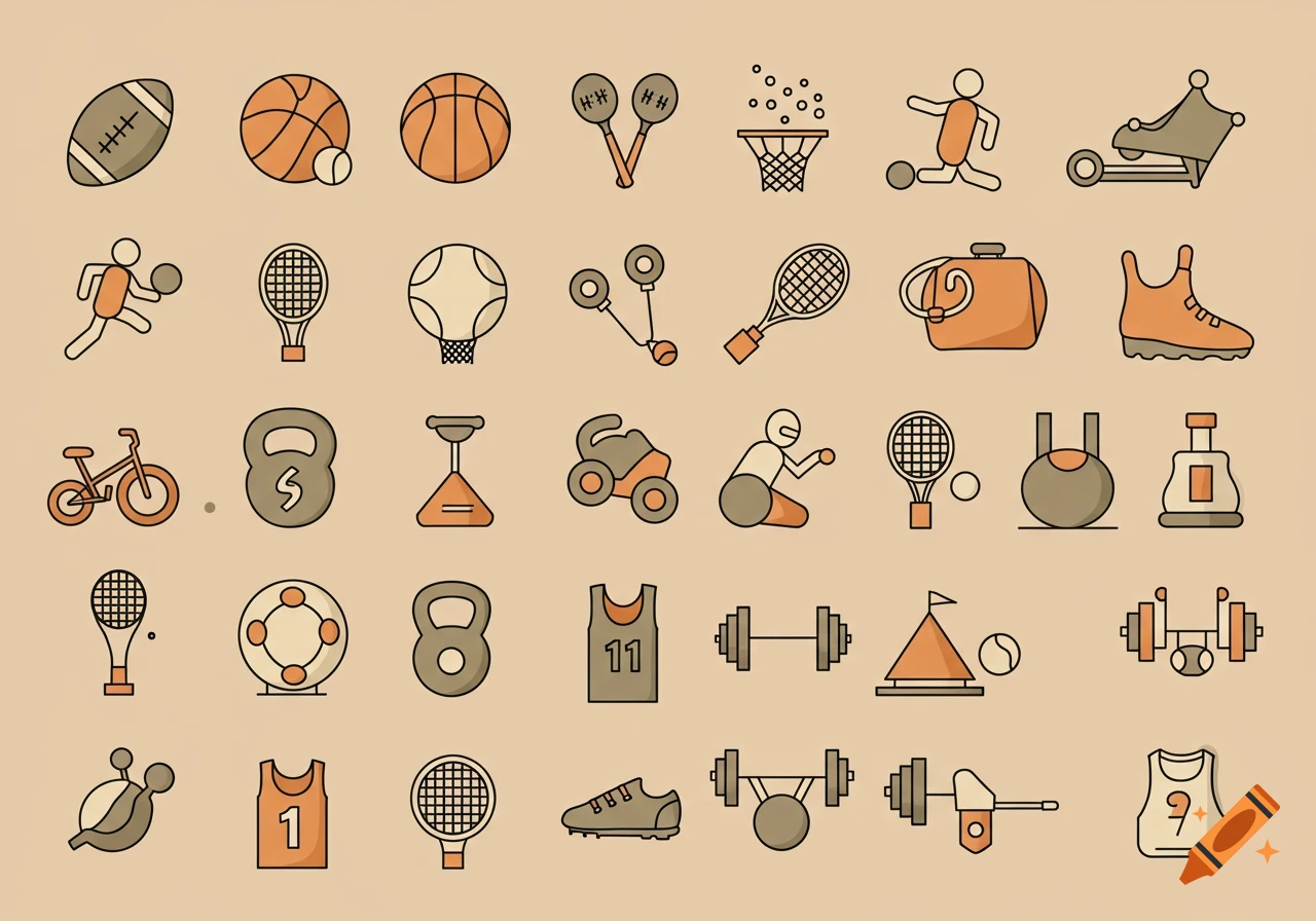 A collection of simple, flat vector sports icons in soft neutral colors, including a football, basketballs, tennis rackets, kettlebells, jerseys with numbers, a bicycle, and various athletes engaged in sports.