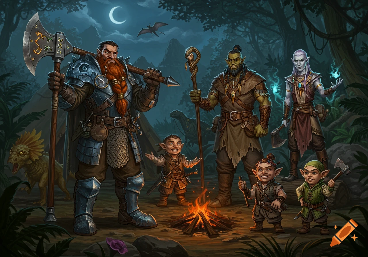 A Dungeons and Dragons party, including a dwarf, orc, elf, halflings, and a gnome, gathered around a campfire in a dark jungle at night.