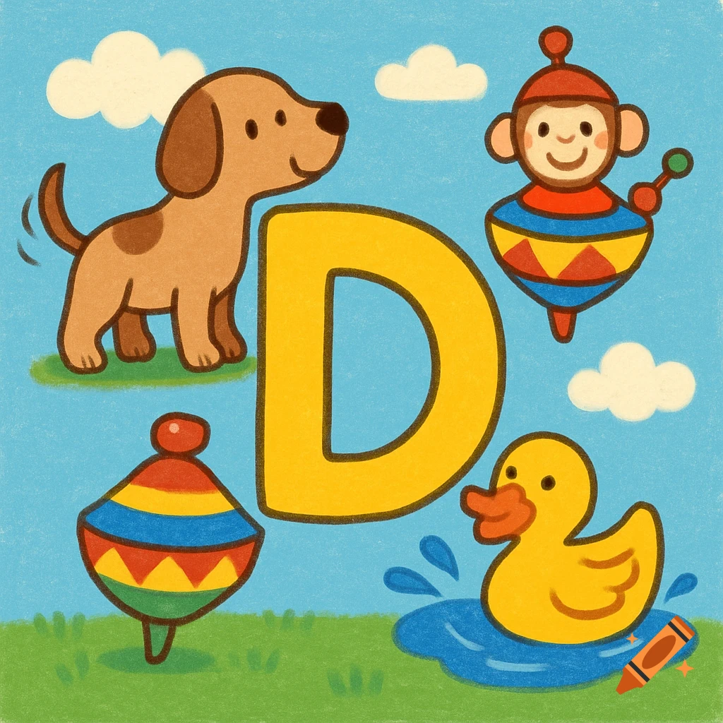 Childlike illustration of a large yellow letter D, a brown dog, a yellow duck, and two colorful spinning tops on a blue and green background.