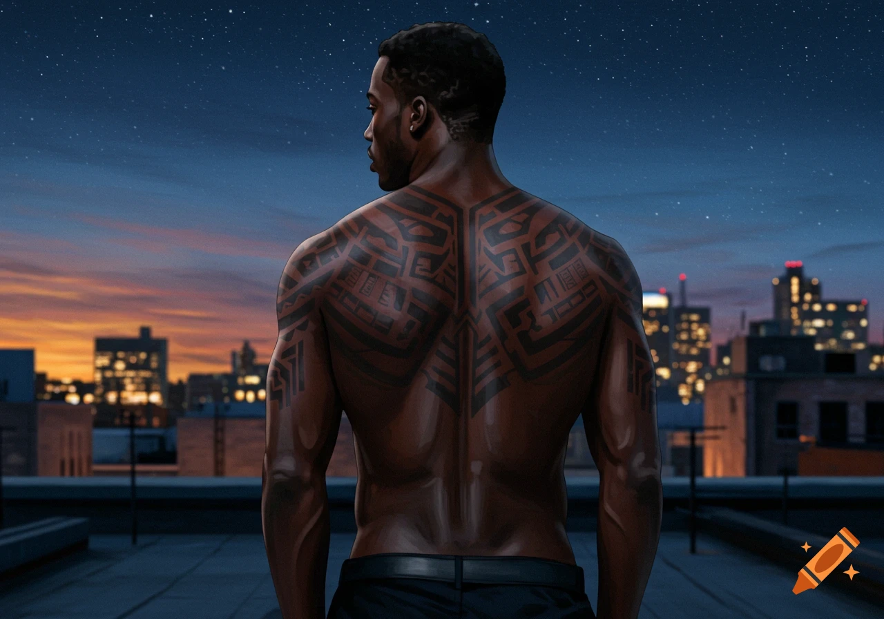 A man with intricate back tattoos looks out over a city skyline at dusk from a rooftop.