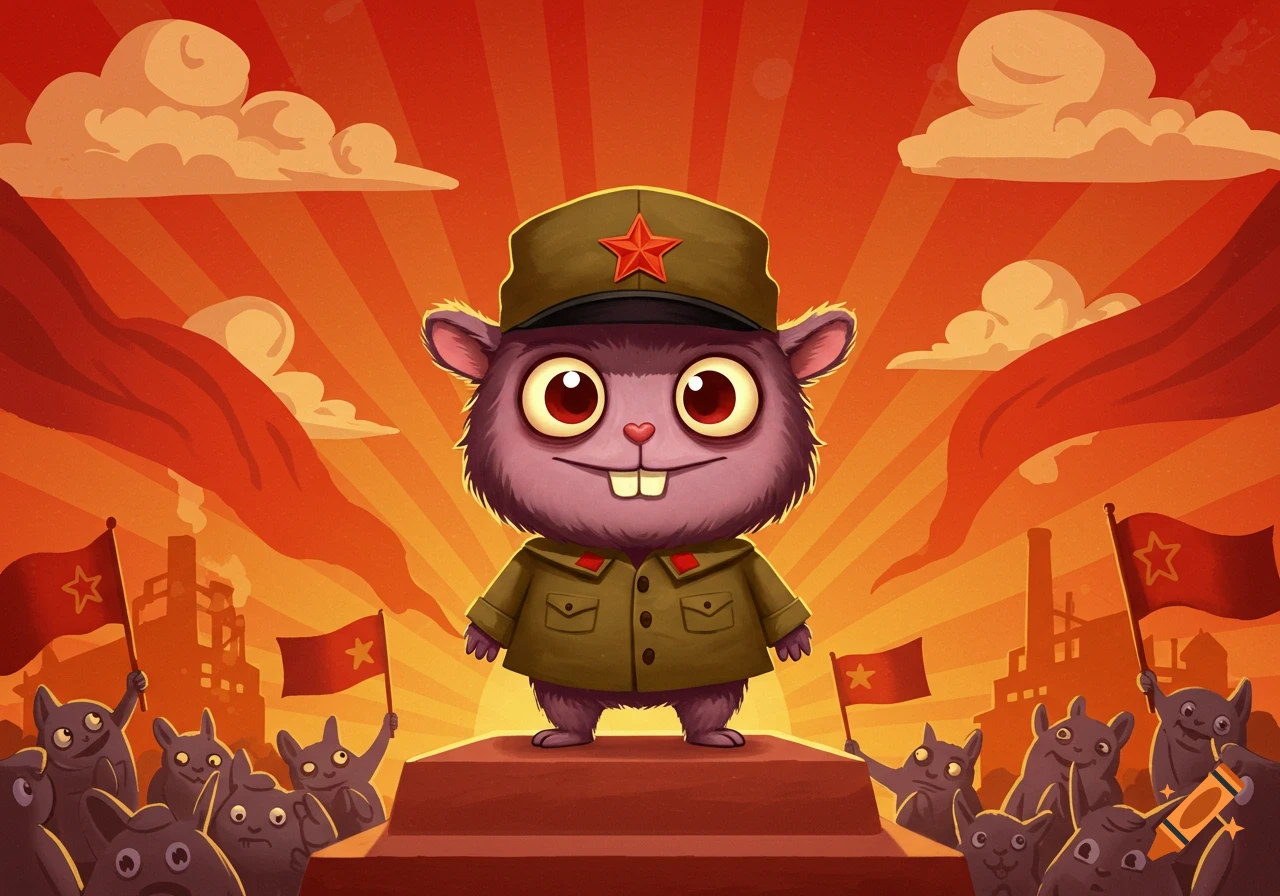 A cute, furry, purple creature in a communist military uniform stands on a podium, addressing a crowd holding red flags.