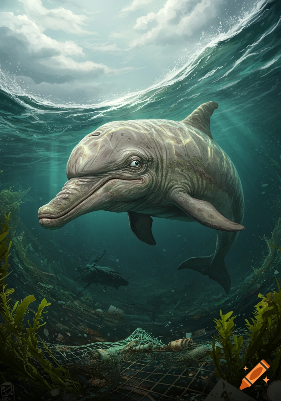 A detailed illustration of an ugly, wrinkled dolphin swimming in a polluted ocean filled with trash and fishing nets, under stormy waves.