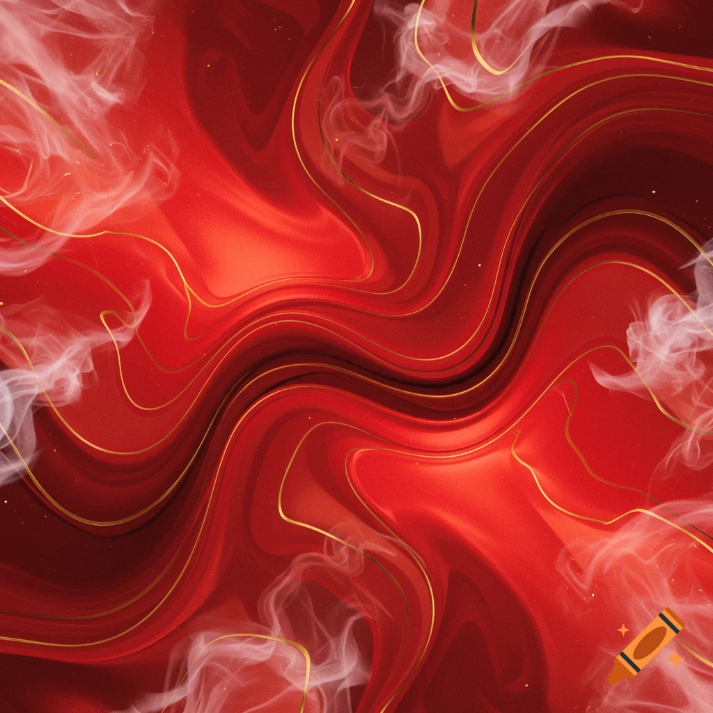 An abstract pattern featuring swirling shades of red, accented by thin, wavy golden lines and wisps of white smoke.